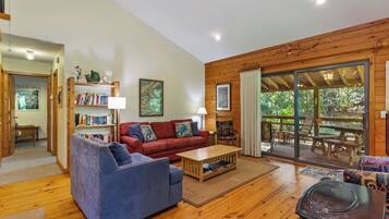 Flat-screen TV, fireplace, DVD player, books