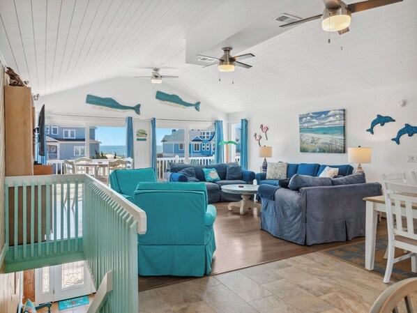 Smart TV, DVD player, foosball, books