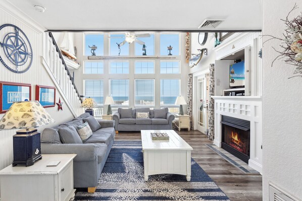 Televisión, chimenea, reproductor de DVD y libros 