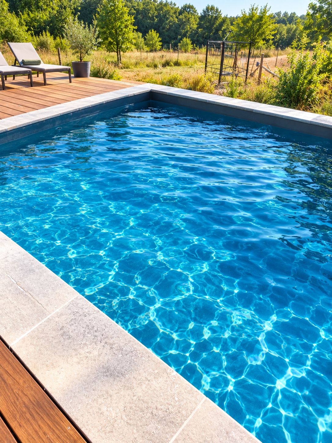 Piscina rectangular con agua azul cristalina, rodeada por una terraza de madera y un área verde con árboles.
