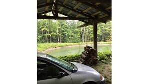 Une Porsche 1-L blanche était garée sous un abri en bois, d’où l’on pouvait admirer une forêt et un étang.