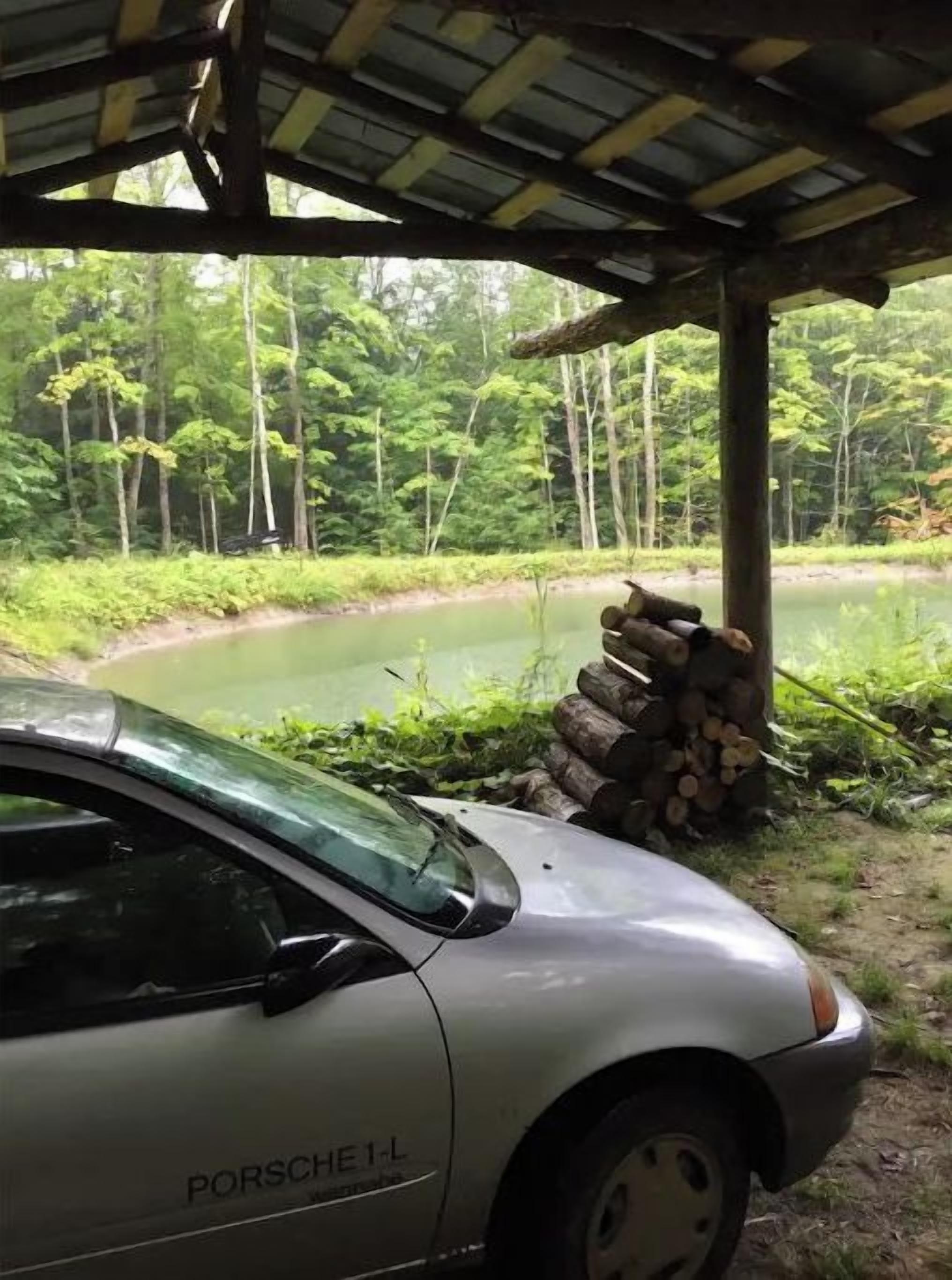 Ein weißer Porsche 1-L steht unter einem hölzernen Unterstand mit Blick auf einen Wald und einen Teich.