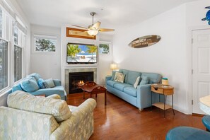 TV, fireplace, foosball, books