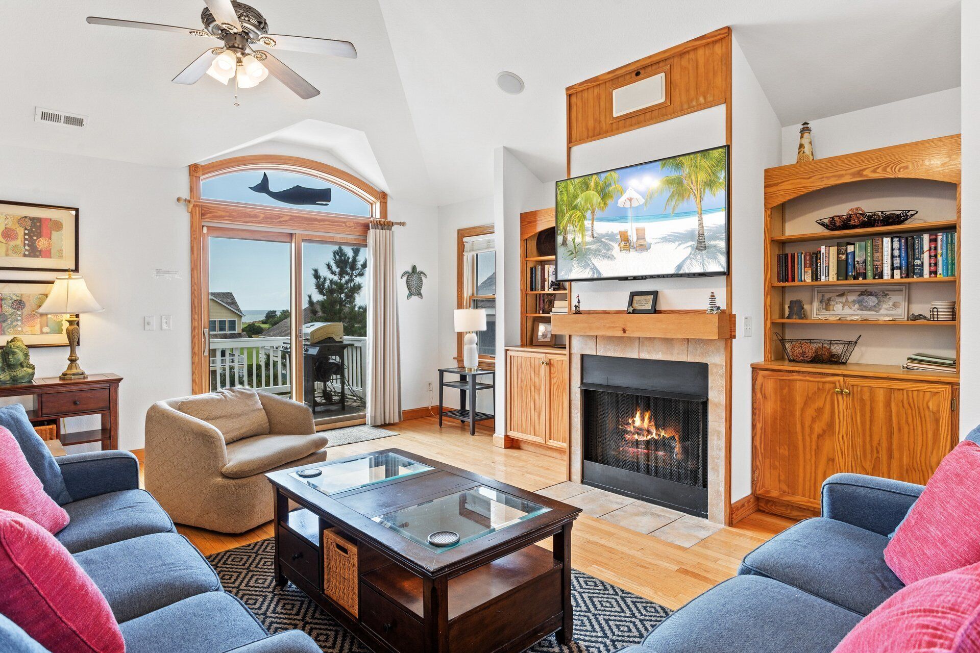 Smart TV, fireplace, DVD player, foosball