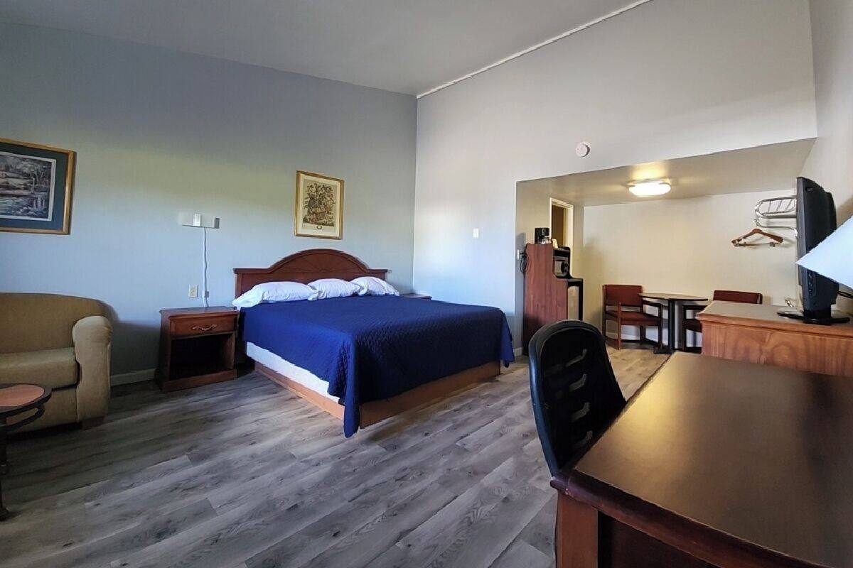 A hotel room with a bed, a desk, a chair, a sofa, and a TV.