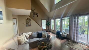 Smart-tv, eldstad, dvd-spelare och ett filmbibliotek