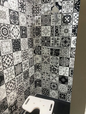 Shower, hair dryer, towels, toilet paper