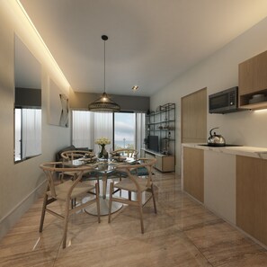 A modern kitchen with a dining area, featuring a large island, wooden cabinets, and a microwave.