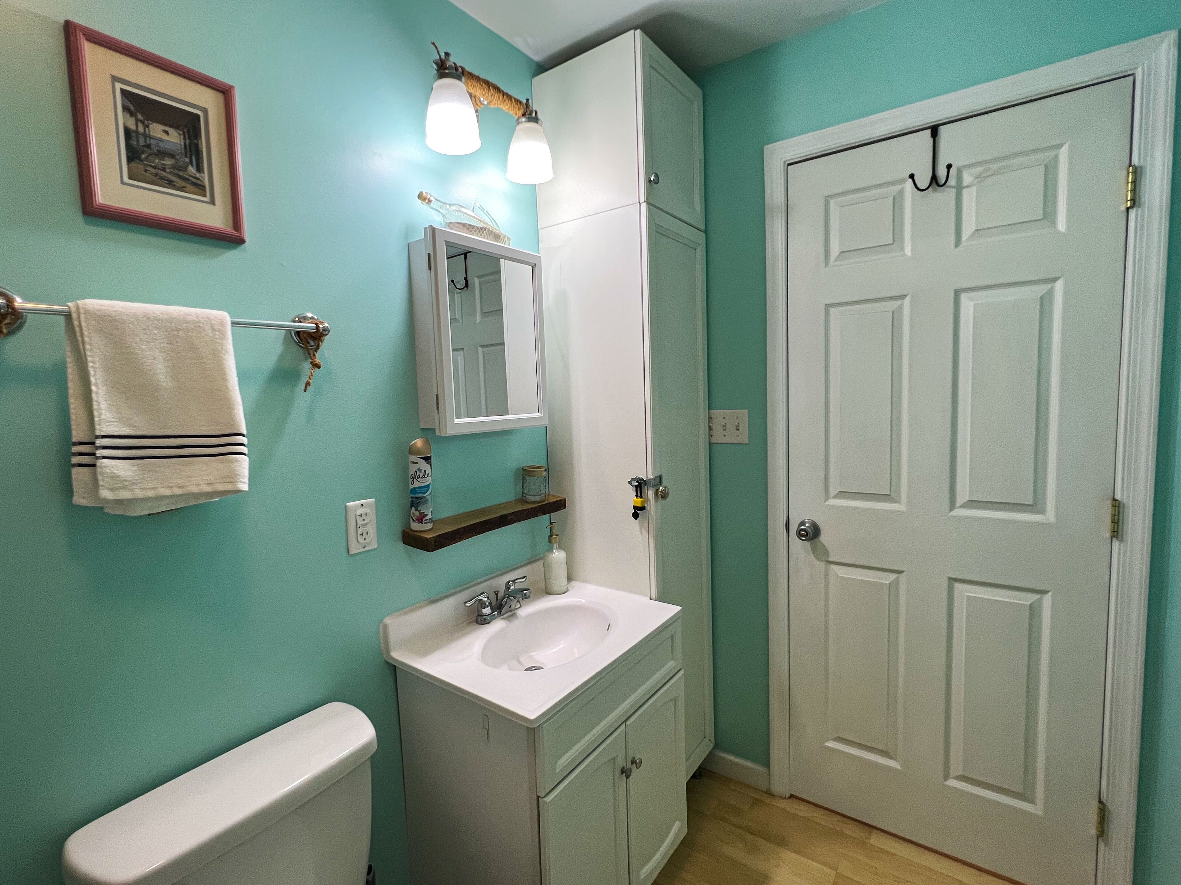 Baño con inodoro, lavabo y espejo. Hay un perchero con una toalla, un estante con una botella y un cuadro en la pared.