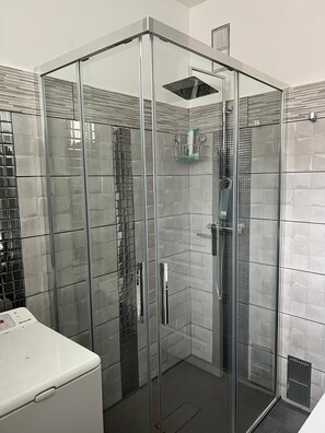 Shower, hair dryer, bidet, towels