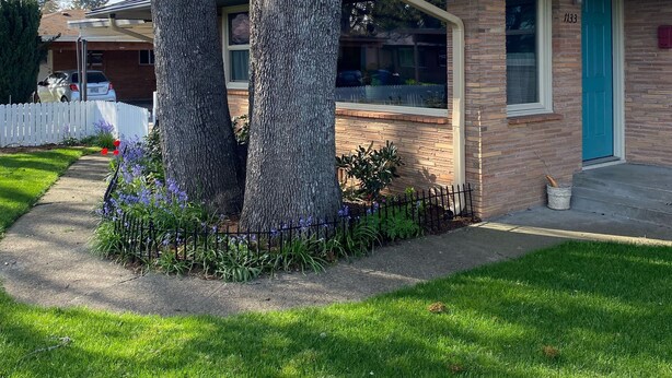 Una casa residencial de ladrillo con una puerta azul y un número de calle visible.