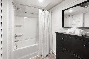 Hair dryer, towels, soap, toilet paper