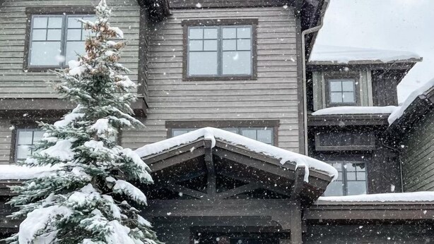 Une maison en bois à deux étages, dont le toit est recouvert de neige, et devant laquelle se trouve un grand arbre à feuilles persistantes.