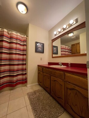 Combined shower/bathtub, towels, shampoo