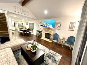 Smart TV, fireplace, video games, foosball