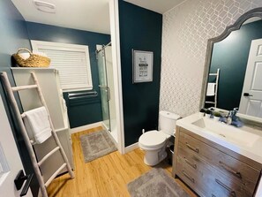 Shower, hair dryer, soap, toilet paper