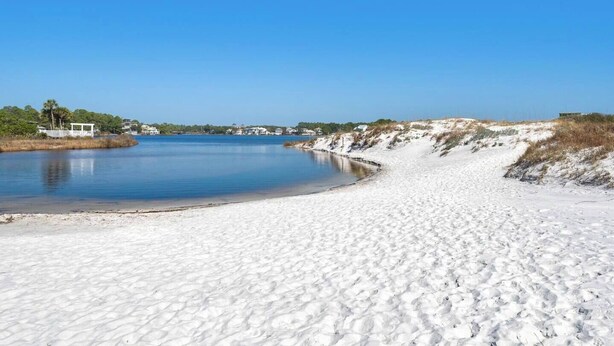 A beach with a sandy shore and a calm body of water.