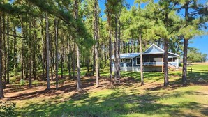 Una casa rodeada de altos pinos bajo un cielo despejado.