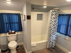 Combined shower/bathtub, hair dryer, towels, soap