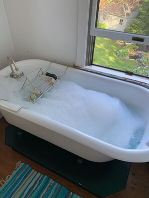 Douche, séchoir à cheveux, serviettes fournies, savon