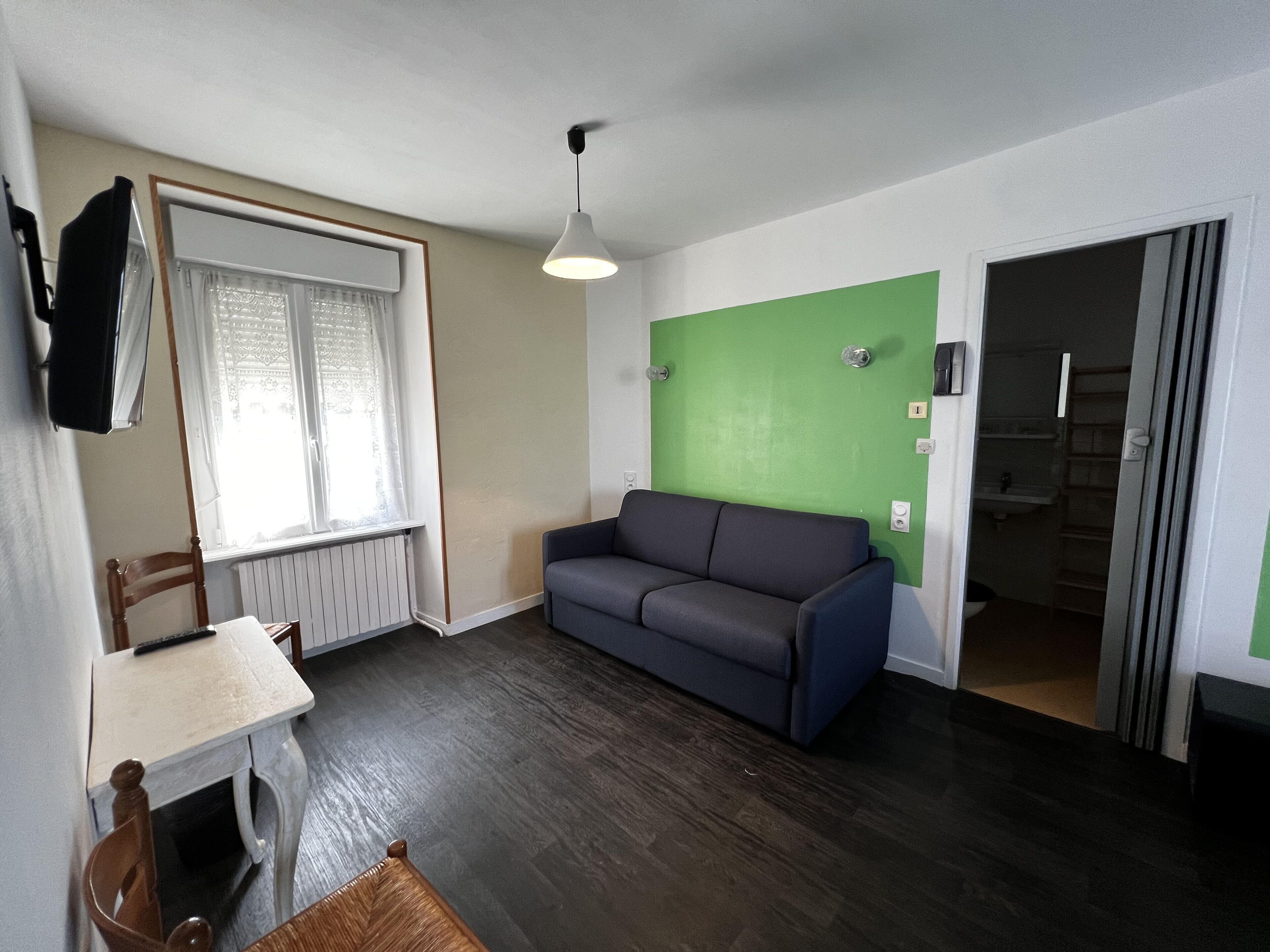 A small, modern living room with a grey sofa, a wooden dining table, and a green accent wall.
