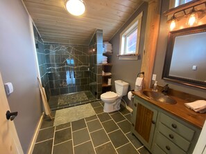 Un baño con ducha, inodoro, lavamanos y espejo.