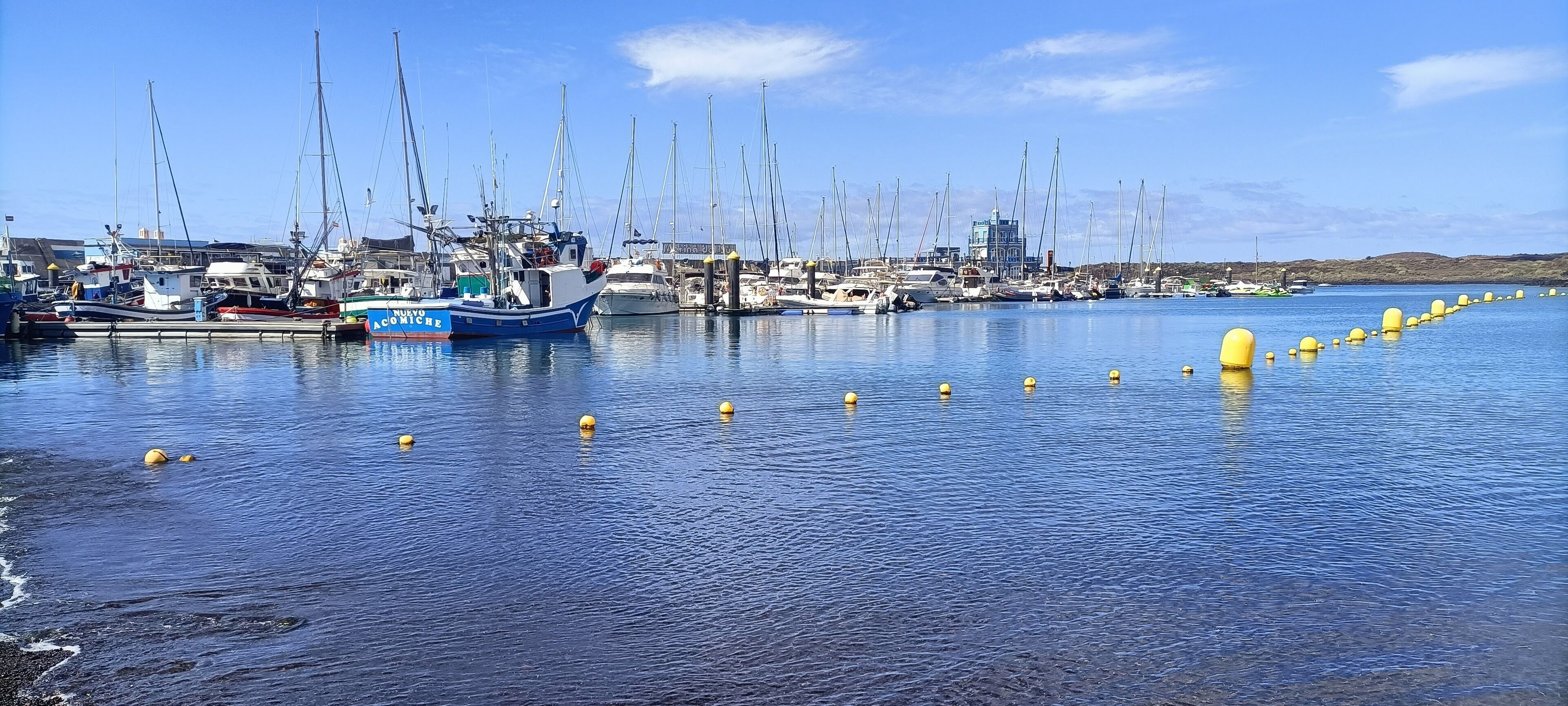 Ein Yachthafen mit mehreren Segelbooten, ruhigem Wasser und gelben Bojen.