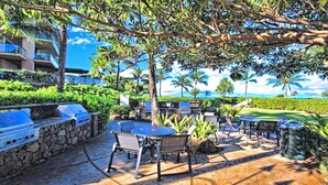 Un espace extérieur aménagé avec un patio, un barbecue, des sièges et une vue sur l’océan.