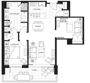 Un plan d’étage d’une chambre d’hôtel comprenant une cuisine, un coin repas, une salle de bain et deux chambres.