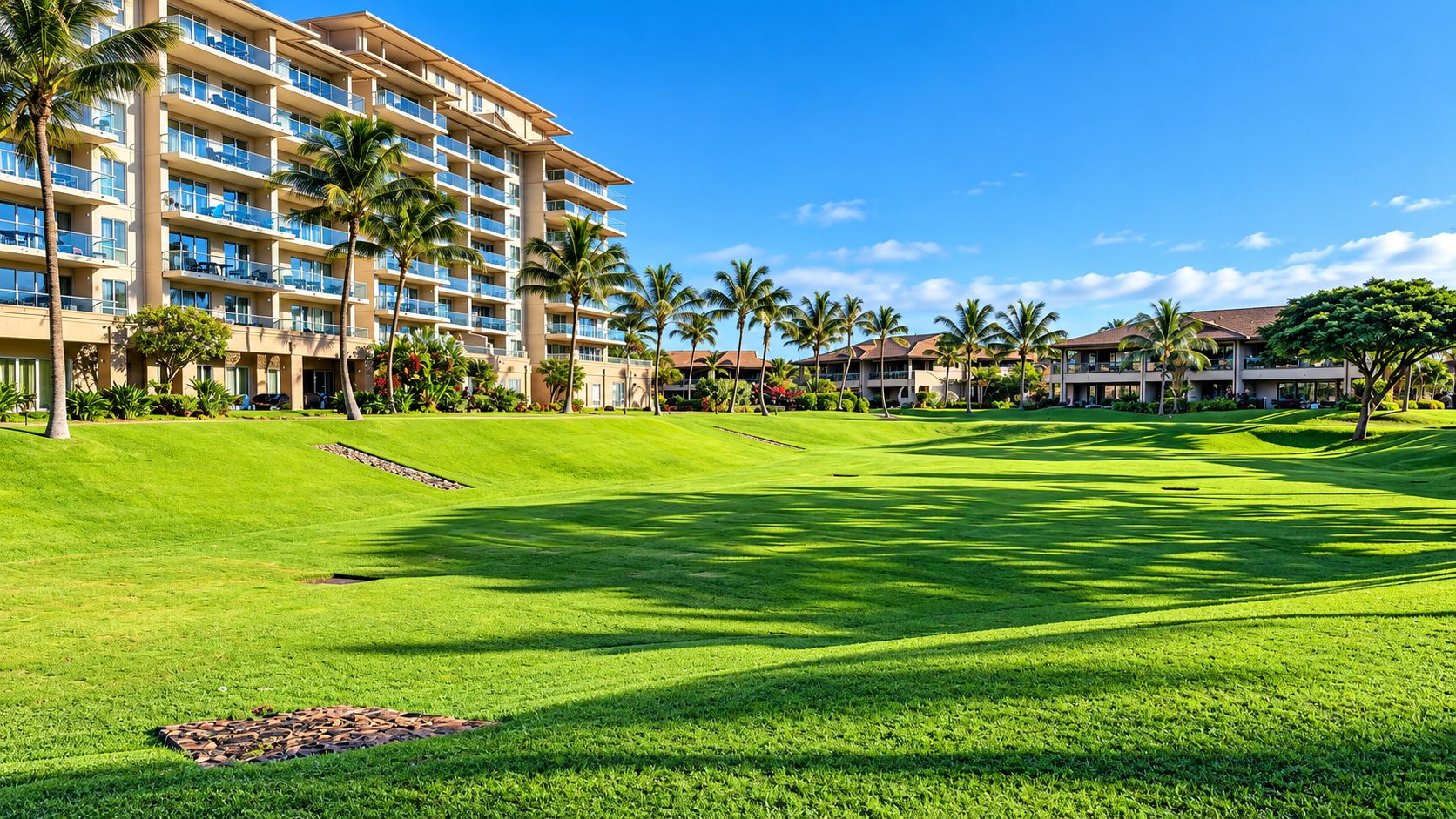 Un hotel con varios pisos, césped cuidado y palmeras.