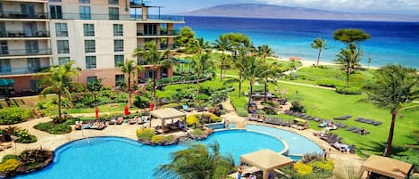 A resort with a large pool, palm trees, and a view of the ocean.