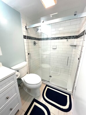 Combined shower/bathtub, hair dryer