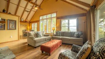 TV connectée, cheminée, livres