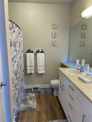 Combined shower/tub, hair dryer, towels, soap