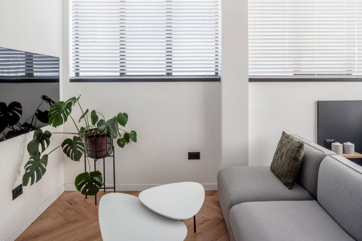 Un salon moderne avec un canapé gris, une table basse blanche et une plante posée sur un support en métal.