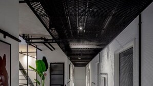 A hallway with a patterned carpet, a red leather chair, a large plant, and a staircase with a metal railing. - DeBlox living - Ben Avigdor (Tel Aviv)