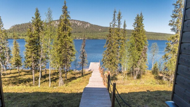 Un muelle de madera que lleva a un lago, flanqueado por árboles a ambos lados.