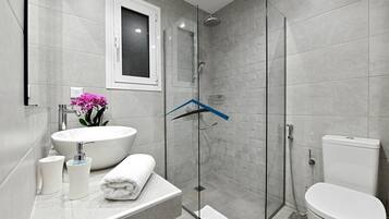 Bathtub, hair dryer, towels, toilet paper