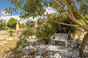 Un jardín con un banco blanco, una palmera y un muro de piedra.