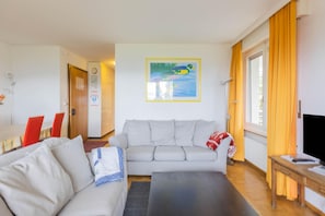 Un salon avec un canapé gris, une table basse et un téléviseur. Il y a un tableau au mur et une fenêtre avec des rideaux.