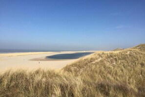 Una playa con dunas de arena y un cielo despejado.