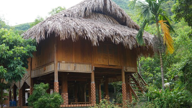 A wooden house with a thatched roof, surrounded by lush greenery and a staircase leading to a porch.