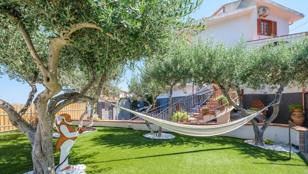 Un jardin avec un hamac, des oliviers et un bâtiment blanc aux volets rouges.