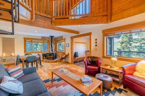 Televisión, chimenea y libros 