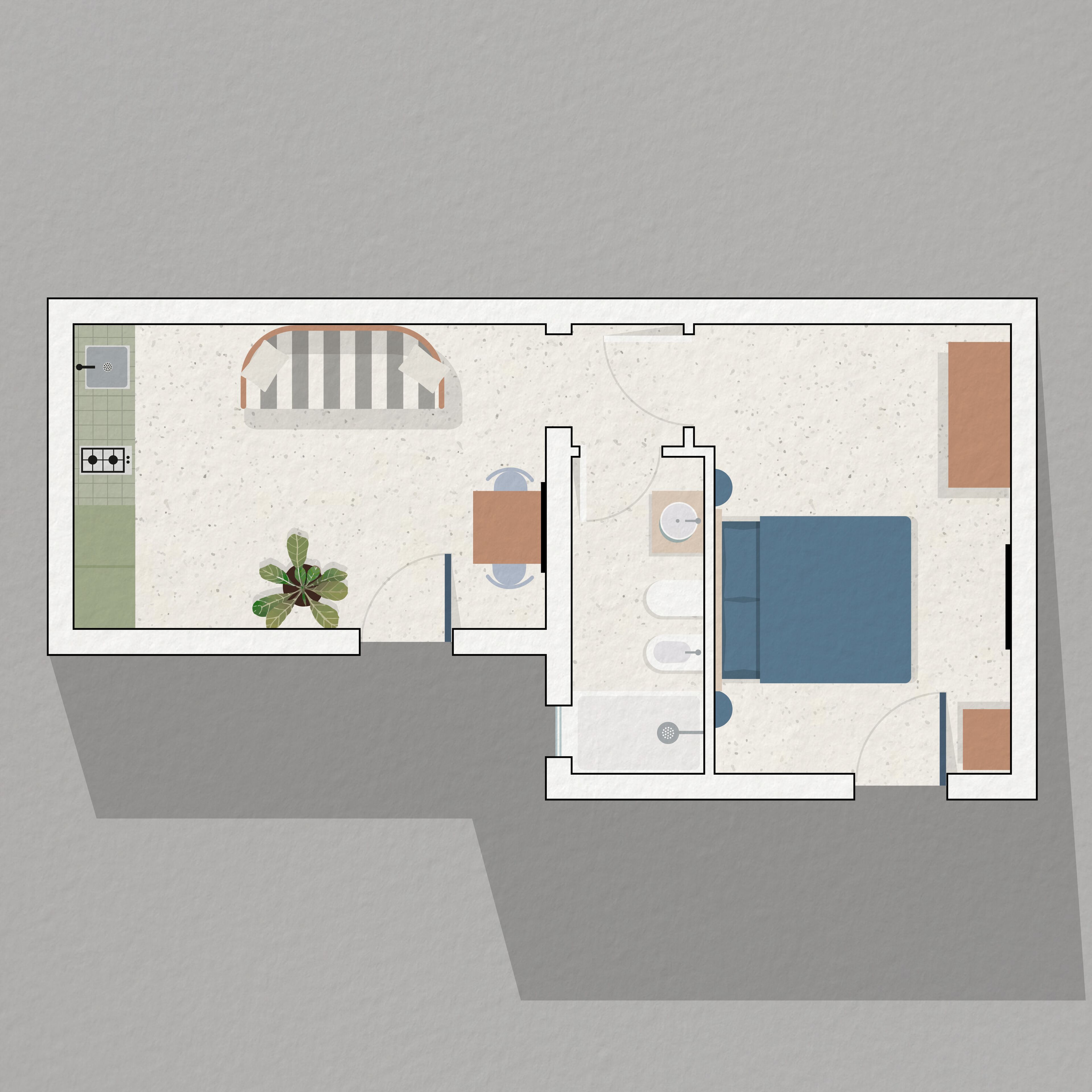 Grundriss eines Hotelzimmers mit Bett, Schreibtisch, Stuhl, kleinem Tisch, Pflanze und einem Badezimmer inklusive Toilette und Waschbecken.