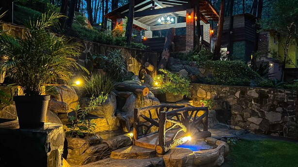 Un jardín exterior bien iluminado con un elemento acuático, muros de piedra y diversas plantas.
