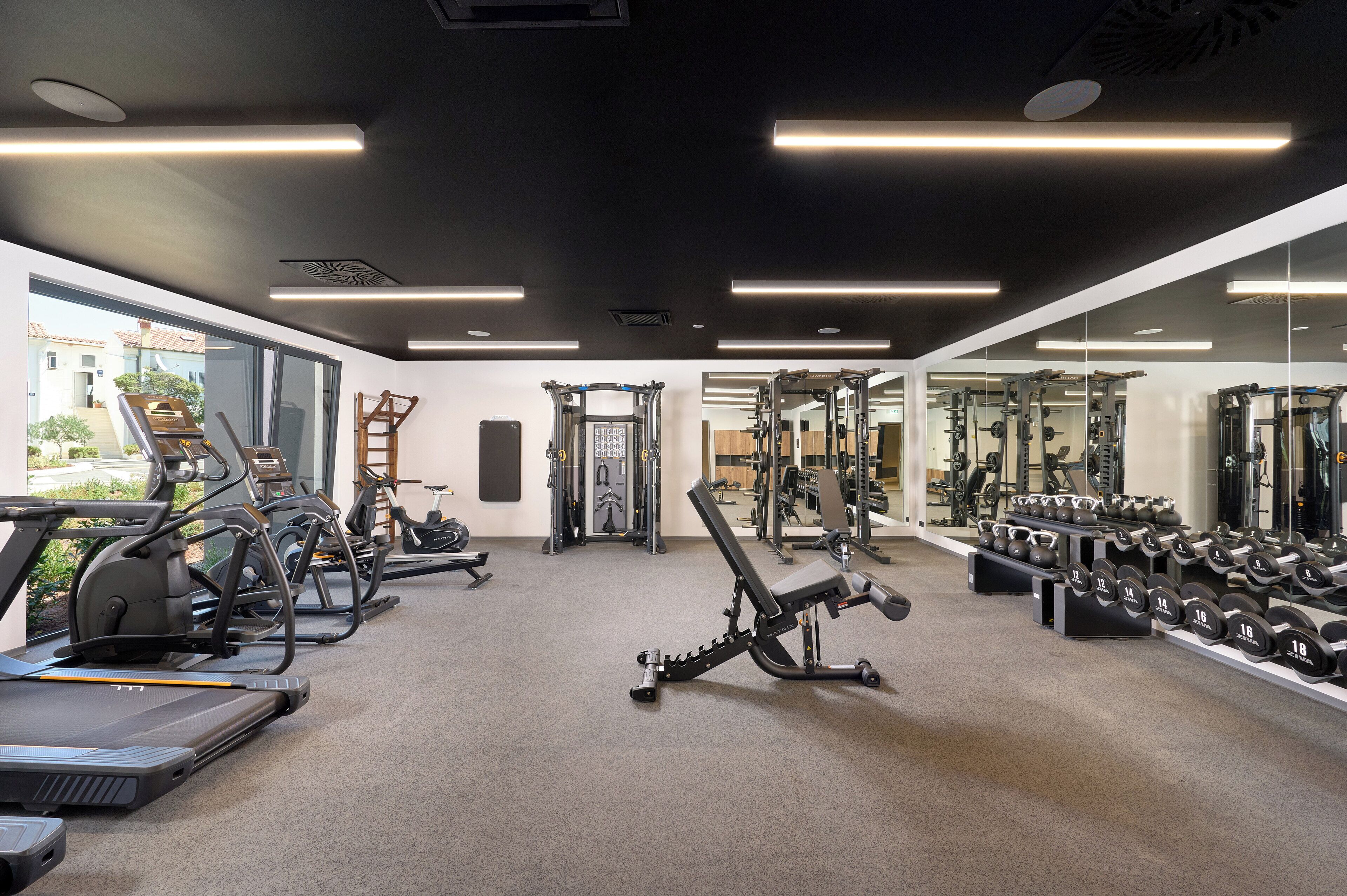 A modern gym with treadmills, weight machines, and dumbbells.
