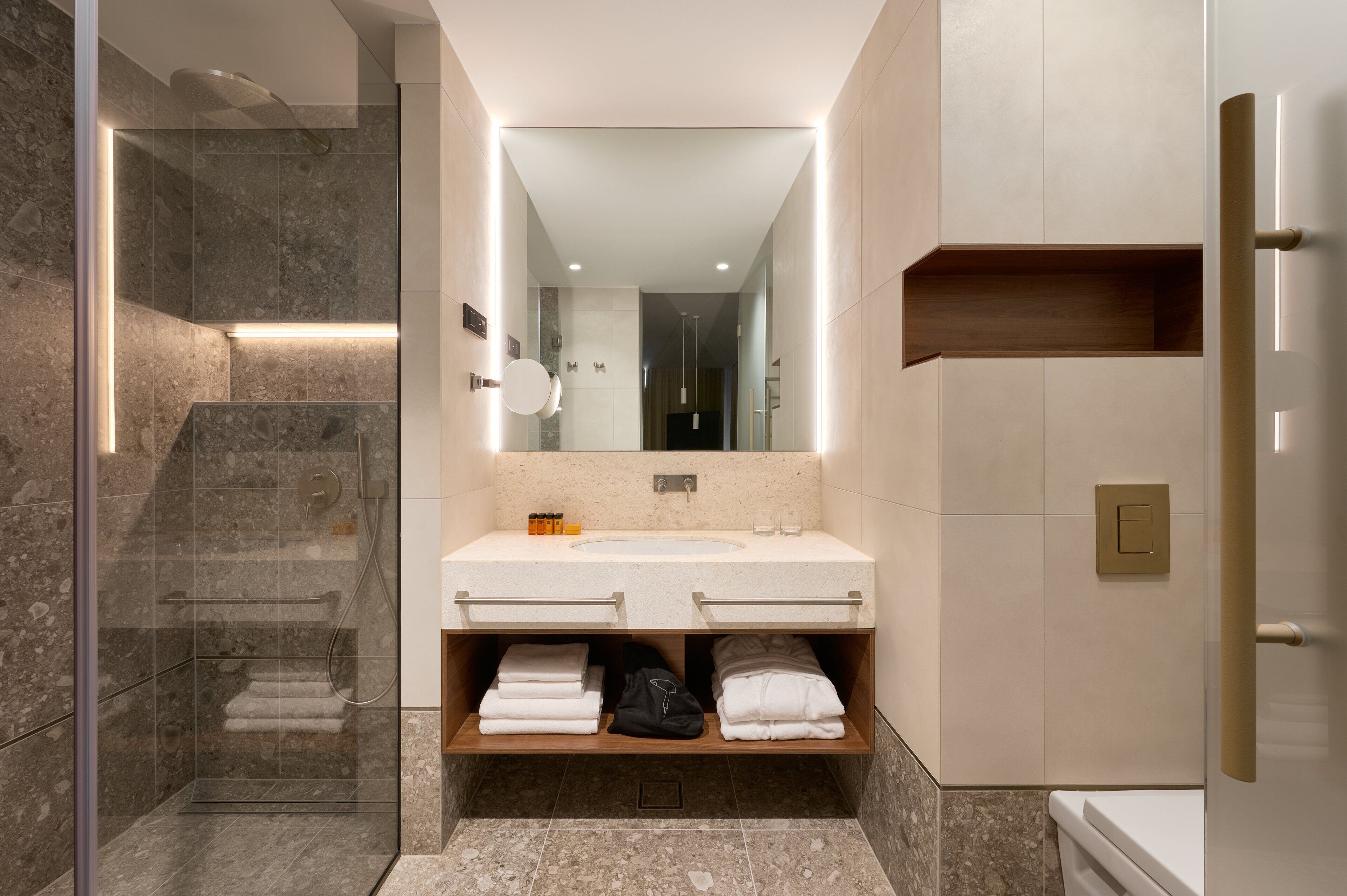 A modern bathroom with a glass-enclosed shower, a large mirror, and built-in shelves for toiletries.