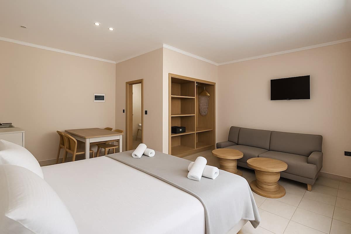 A hotel room with a bed, a desk, a sofa, and a TV.