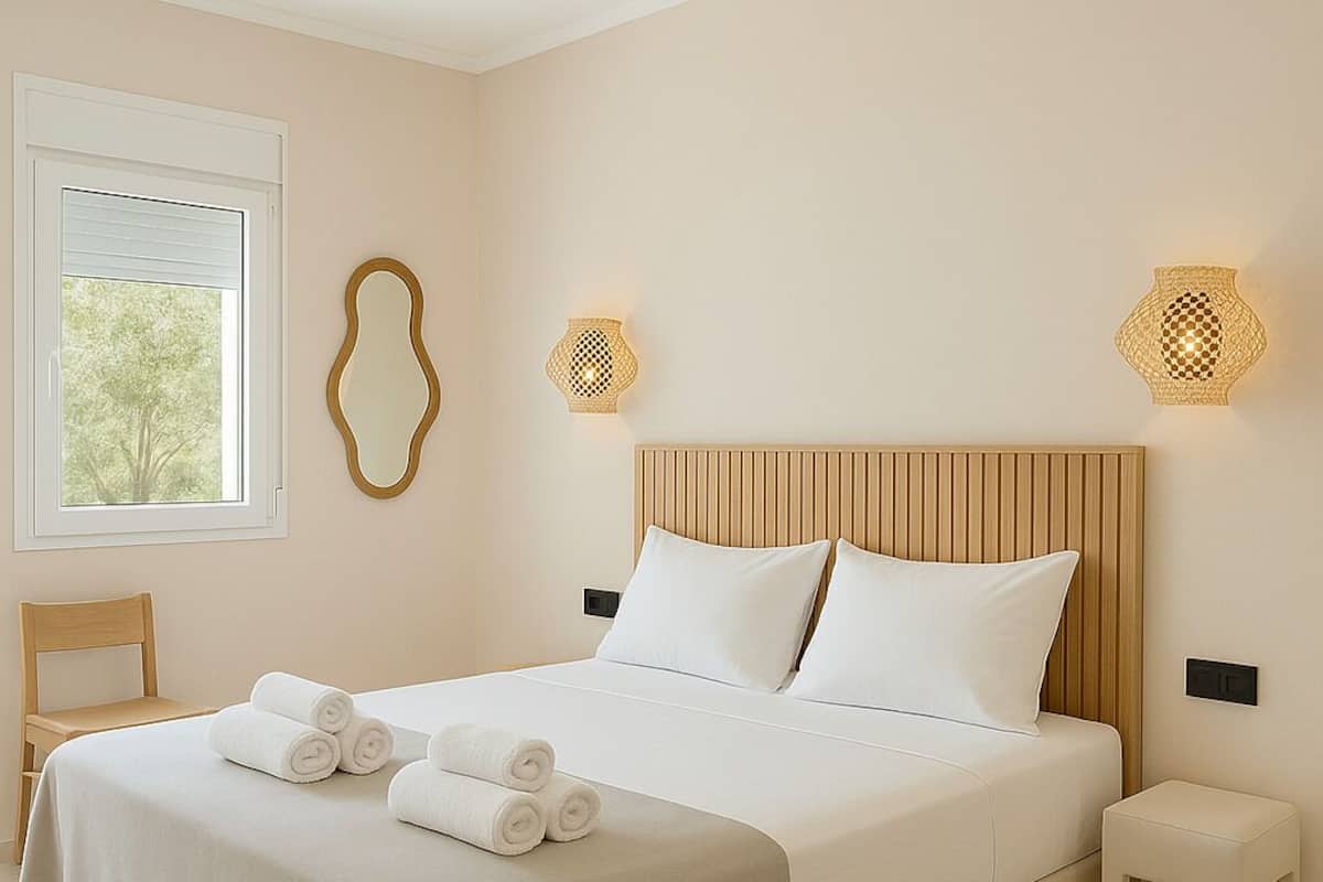 A neatly made bed with white linens and rolled towels, a wooden headboard, and two wall-mounted lamps.